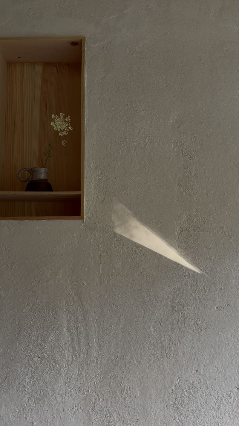 A sliver of sunlight on rough white plaster beside a small niche holding a vase of Queen Anne's lace